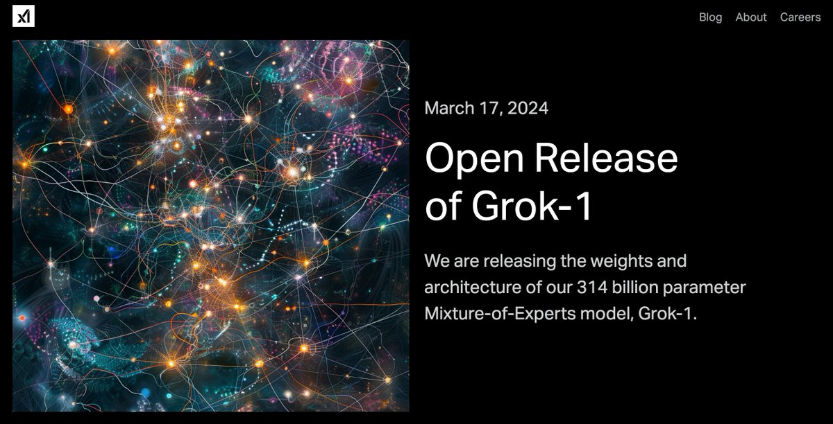 xAI release Grok-1 release the base model weights and network architecture of Grok-1, our large language model. Grok-1 is a 314 billion parameter Mixture-of-Experts model trained from scratch by xAI.