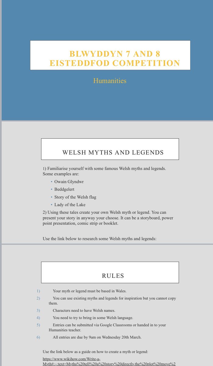 A reminder to year 7 &amp; 8: you will find the PowerPoint with instructions about the Humanities Eisteddfod competition on your GC areas. We have already had some very creative entries. Pob lwc!