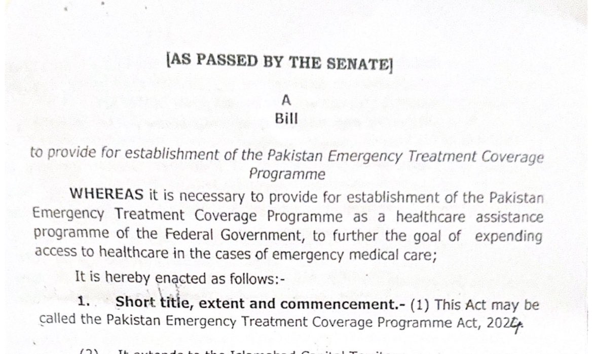 I wish to thank colleagues in the Senate of Pakistan for unanimously passing two of my Bills—the Bill mandating free emergency medical treatment for all in public hospitals in the capital city, and secondly, the Bill, which provides for mandatory opportunistic screening for