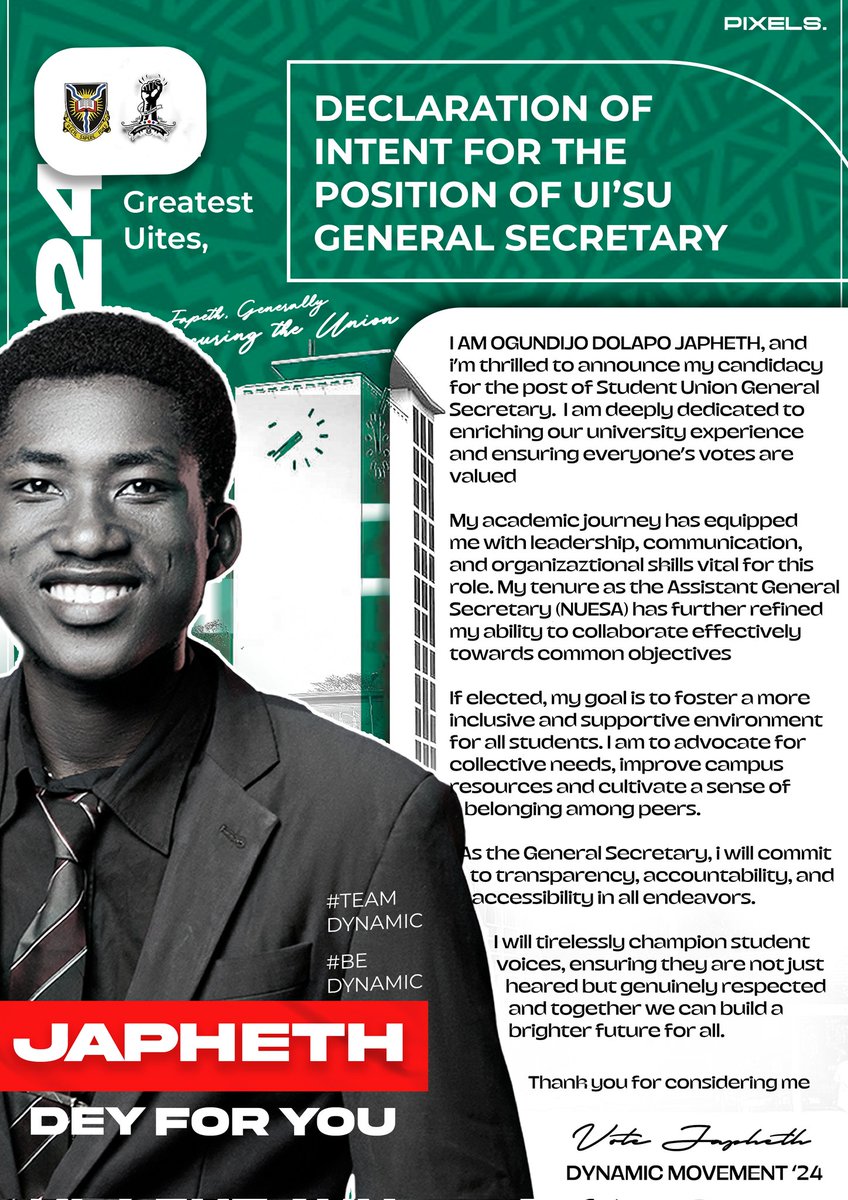 ' *Leadership is about making others better as a result of your presence and making sure that impact lasts in your absence* ' 
Sheryl Sandberg 

 *Vote Japheth for UISU General Secretary*  
 
#BeDynamic
#003