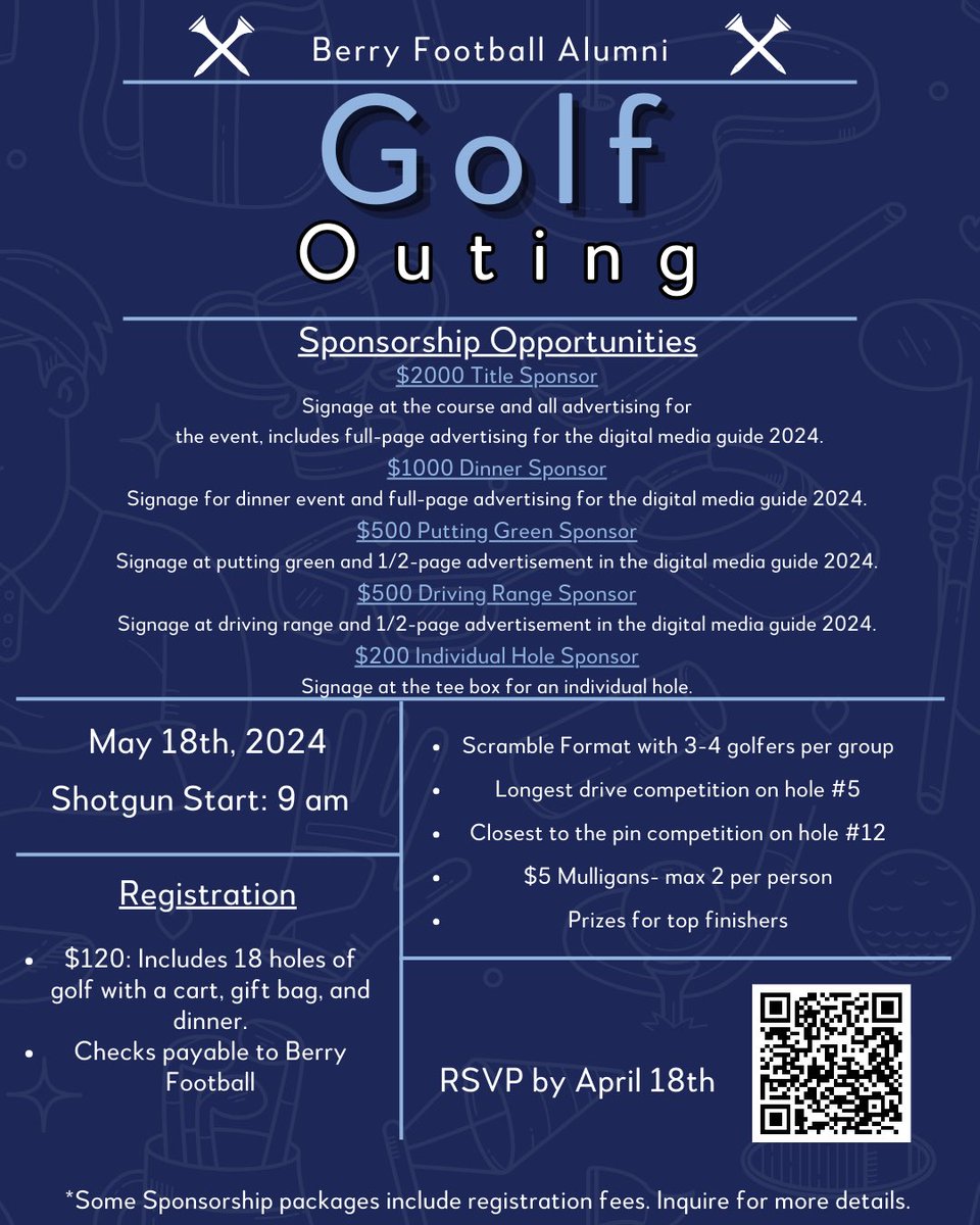 Our Alumni Golf Outing is Saturday, May 18th 2024!!⛳️🏌️ Register Today: berry.regfox.com/berry-football… #BerryFootball