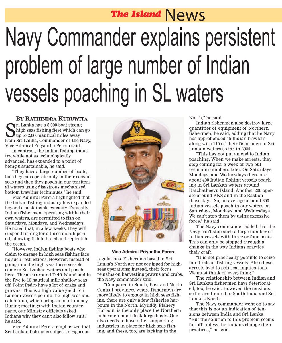 Admitting failure to stop Indian poaching in northern waters, #SriLanka Navy Commander Vice Admiral Priyantha Perera asks #Indians to change their practices. 'It is not practically possible to seize hundreds of fishing vessels. Also these arrests lead to political implications”