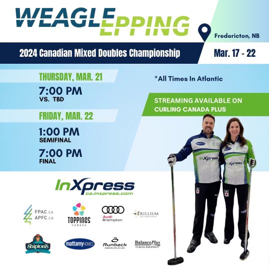 Here’s our schedule for the Canadian Mixed Doubles Curling Championship in Fredericton, NB 🗓️ You can catch two of our games streamed on Curling Canada Plus 📺 (All times local/Atlantic) #mixeddoublescurling #curling #cmdcc2024 #weagleepping