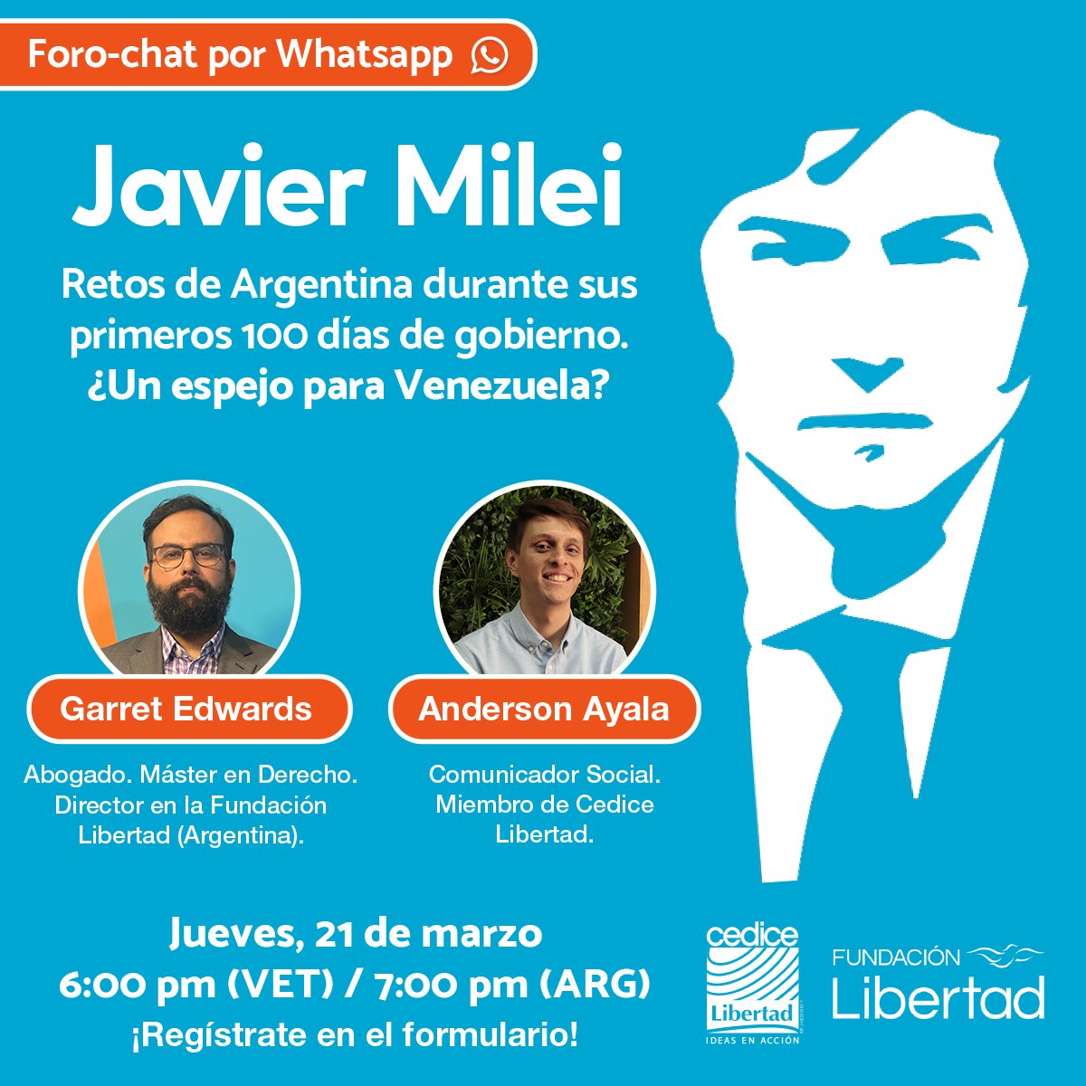 Anderson Ayala Giusti (@anderson_giusti) on Twitter photo Llegan los primeros 100 días de gobierno para <a href="/JMilei/">Javier Milei</a>, y en los retos institucionales que ha enfrentado podemos ver un espejo para Venezuela.
De ello hablaremos el jueves junto a <a href="/GarretEdwards/">Garret Edwards</a>, en un foro chat con <a href="/CEDICE/">Cedice Libertad</a>.
Registro en el formulario: forms.gle/QbZaupMZbfW39m… Llegan los primeros 100 días de gobierno para <a href="/JMilei/">Javier Milei</a>, y en los retos institucionales que ha enfrentado podemos ver un espejo para Venezuela.
De ello hablaremos el jueves junto a <a href="/GarretEdwards/">Garret Edwards</a>, en un foro chat con <a href="/CEDICE/">Cedice Libertad</a>.
Registro en el formulario: forms.gle/QbZaupMZbfW39m…