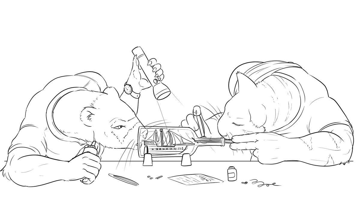 Random prompt of two OCs "building something together", so I did Spook and <a href="/JwolGator/">JwolG</a>'s Largo building a ship in a bottle together. I imagine something so fiddly would appeal to their patient, meticulous natures.