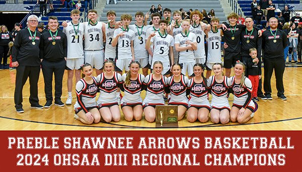 Preble Shawnee Punches Ticket to State Final Four in 53-32 win over Versailles in OHSAA Southwest DIII Regional Final.  Mason Shrout had 28 pts, 9 reb. 

Story at woacsports.com

24-3 Shawnee to face 21-5 Cleveland Heights Lutheran East on Friday 8:30 pm at UD Arena