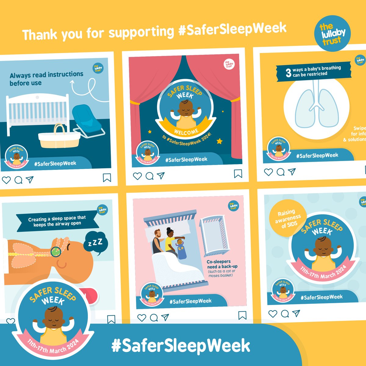 Thank you for another fantastic #SaferSleepWeek. We really hope you’ve found our new guidance around protecting babies’ airways helpful. Thanks to you, we’ve appeared on around 2 million social media feeds this week with our vital messaging. Thank you for all your support! 💛💙
