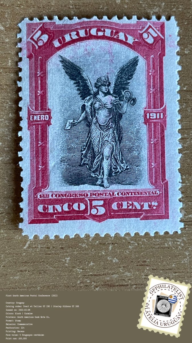 GPhilatelist's tweet photo. A curiosity about one of the 🇺🇾 stamps that appear in the latest episode of @ExploringStamps (12:43) The Yt UY195 issued in 1911 commemorating the first South American postal congress, origin of the @Union_UPAEP, was reproduced on 2 other stamps, Yt UY2476 &amp; Yt CU2609 #philately https://t.co/nfpmLnZ9Y9