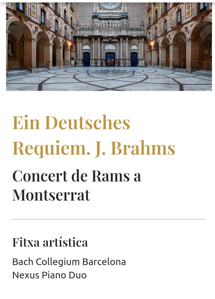 DuoNexus's tweet photo. Rèquiem alemany de Brahms
Dissabte 23 de març 21:00
Montserrat
@montserratinfo
@BachBarcelona 
@DuoNexus https://t.co/u28Y3HeUKQ