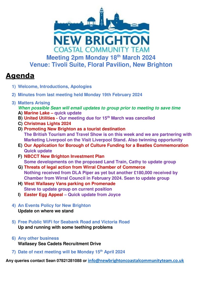 Agenda for the New Brighton Coastal Community Team meeting tomorrow Monday 18th March at the Floral Pavilion. Comments and suggestions welcome