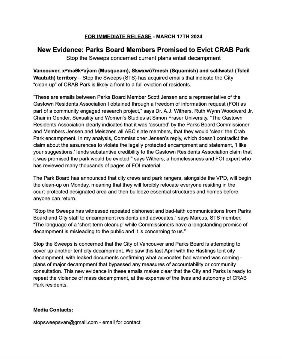 stopsweepsvan's tweet photo. 🚨BREAKING: A Freedom of Information request shows emails between ABC Councillors, ABC Park Board Commissioners, and the Gastown Residents’ Association (GRA).

These emails suggest that the @ParkBoard plans to fully decamp CRAB Park Tent City - despite existing legal protections. https://t.co/2o1gzUcl5Z