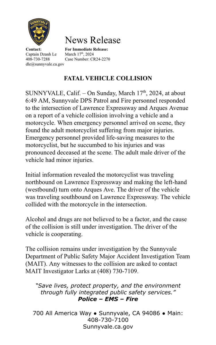 Press Release. Fatal Vehicle Collision