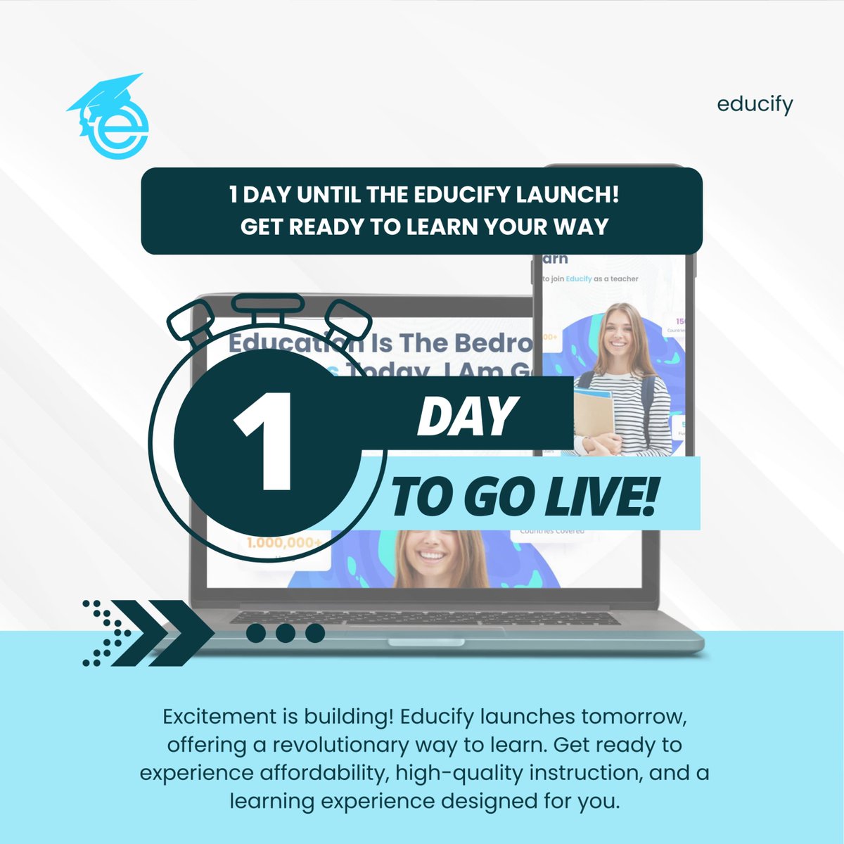 Educifyinc's tweet image. The wait is almost over! 

 Educify launches tomorrow, bringing you a smarter and more affordable way to learn. 

Get ready to personalize your learning journey and unlock your full potential! #Educify #LearningYourWay #OnlineLearningPlatform #WorldWide
