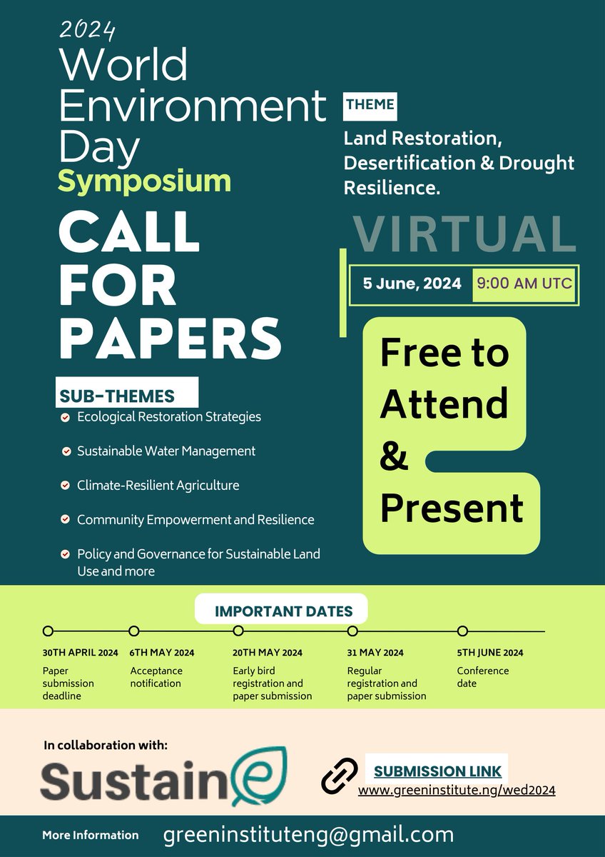 #CallForPapers

Present your research on Land Restoration, Desertification & Drought Resilience at #WED2024

Submit an #Abstract Today! greeninstitute.ng/wed2024

#Virtual #LandRestoration #DroughtResilience

@UniofBath @uniofwarwick
@UniOfMauritius @UniofNewcastle