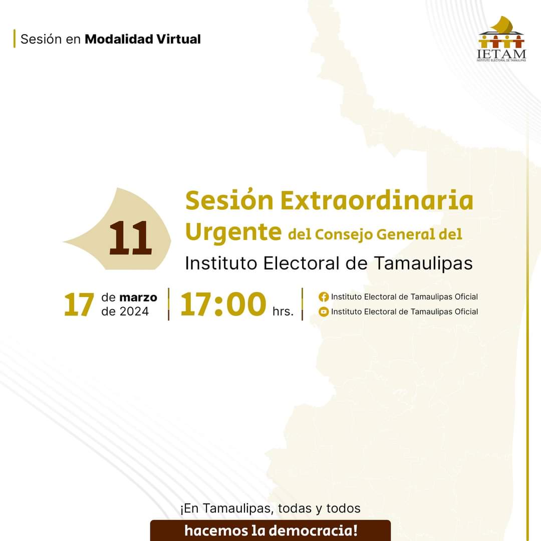 TodosSomosIETAM's tweet photo. HOY | #SesiónExtraordinaria URGENTE del Consejo General del IETAM.
⏰17:00 horas 💻📲🌐#ModoVirtual 

Orden del día👇
https://t.co/ZGtUga76Cf

Liga de YouTube👇
https://t.co/onAmPpxAWW https://t.co/8eTE2eQCKx