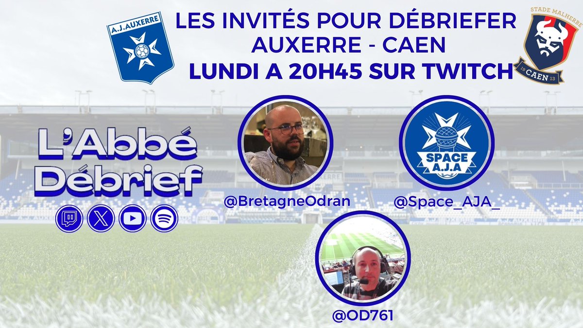L_Abbe_Debrief's tweet photo. 🎙️#TeamAJA On se retrouve demain soir à 20h45 pour débriefer le match de samedi.      

On sera avec @BretagneOdran et @Space_AJA_ coté Auxerre et @OD761 côté Caen. 🤝

On vous attends nombreux pour débriefer cette victoire ! 🔵⚪️

🎙️https://t.co/JqbzmNDGxD 🎙️ https://t.co/h9z9J4T35k