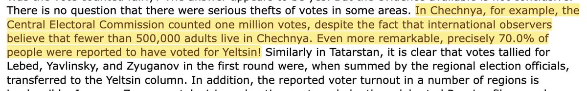 In 1996—when Boris Yeltsin officially 'won' 1 million votes in Chechnya even though only 500,000 adults remained there due to Yeltsin's war depopulating Chechnya—McFaul hailed Yeltsin's fraudulent election victory as 'a monumental milestone' with no 'evidence of falsification'
