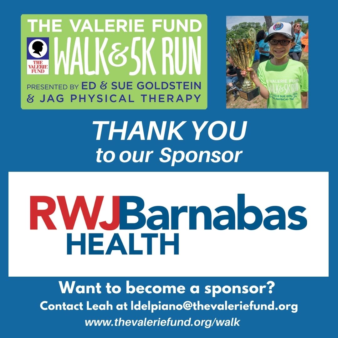 TheValerieFund_'s tweet photo. Thank you to our ongoing Walk &amp; 5K Run Sponsor, RWJ Barnabas. We appreciate your continued support of this event for our Valerie Fund kids. 

#TVFWalkSponsor #Thankyou #Gratitude #Sponsorpost  #becauseofvalerie #thevaleriefund #pediatriccancer #blooddisorders https://t.co/s6x41aHvx1