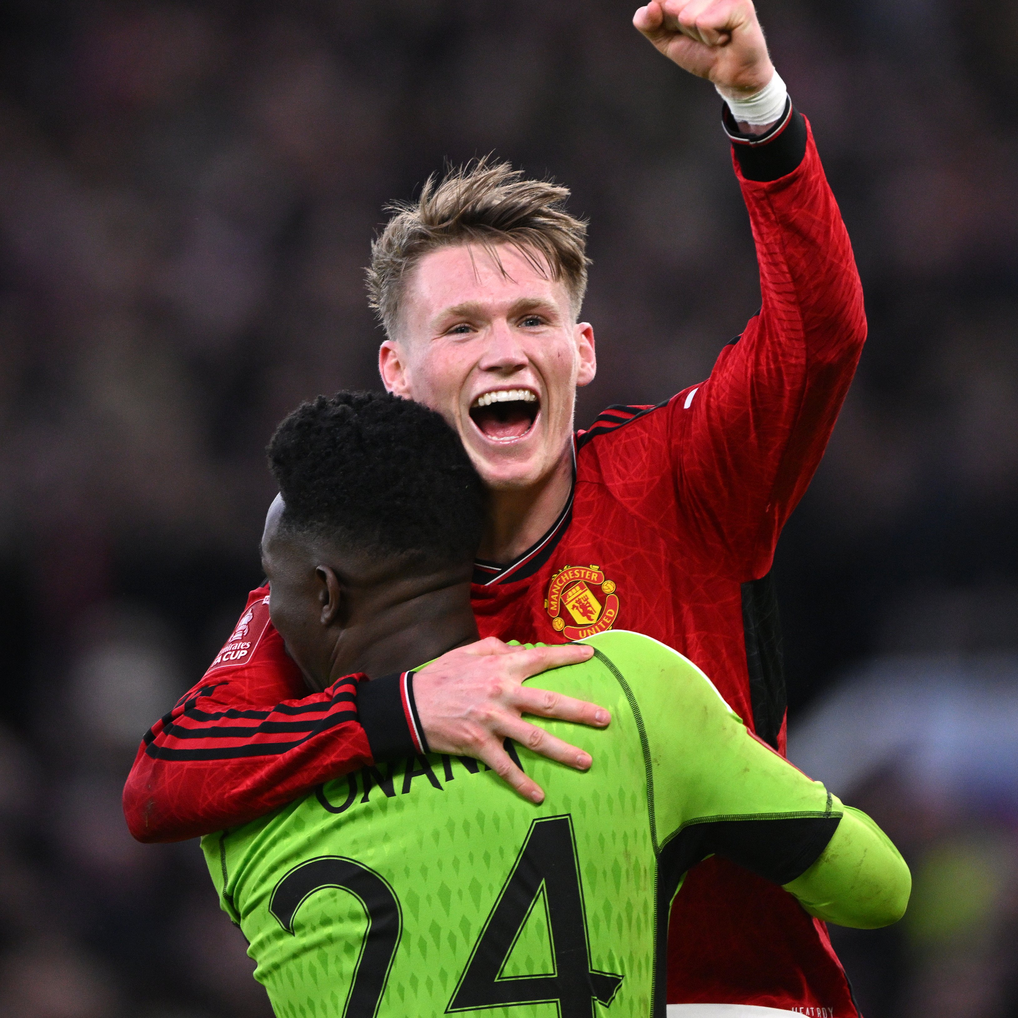 An image of Scott McTominay and Andre Onana celebrating Manchester United's 2024 FA Cup win over Liverpool