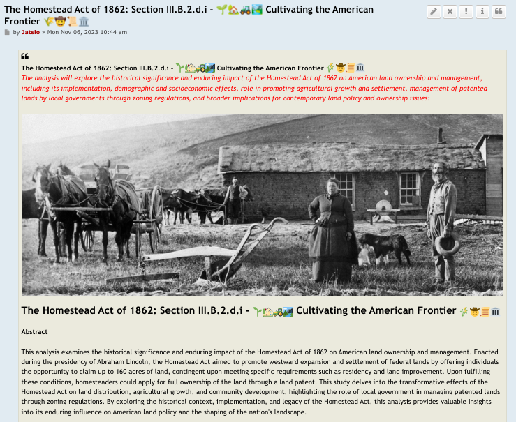 The Homestead Act of 1862 📜 transformed the American landscape 🏞️, promoting land ownership 🏡, agricultural growth 🌱, and settlement 🤠 in the frontier regions 🌾. Its legacy 🌟 continues to shape land... 🏛️ ... 🌎 #HomesteadAct #AmericanHistory 🇺🇸

algorithm.xiimm.net/phpbb/viewtopi…