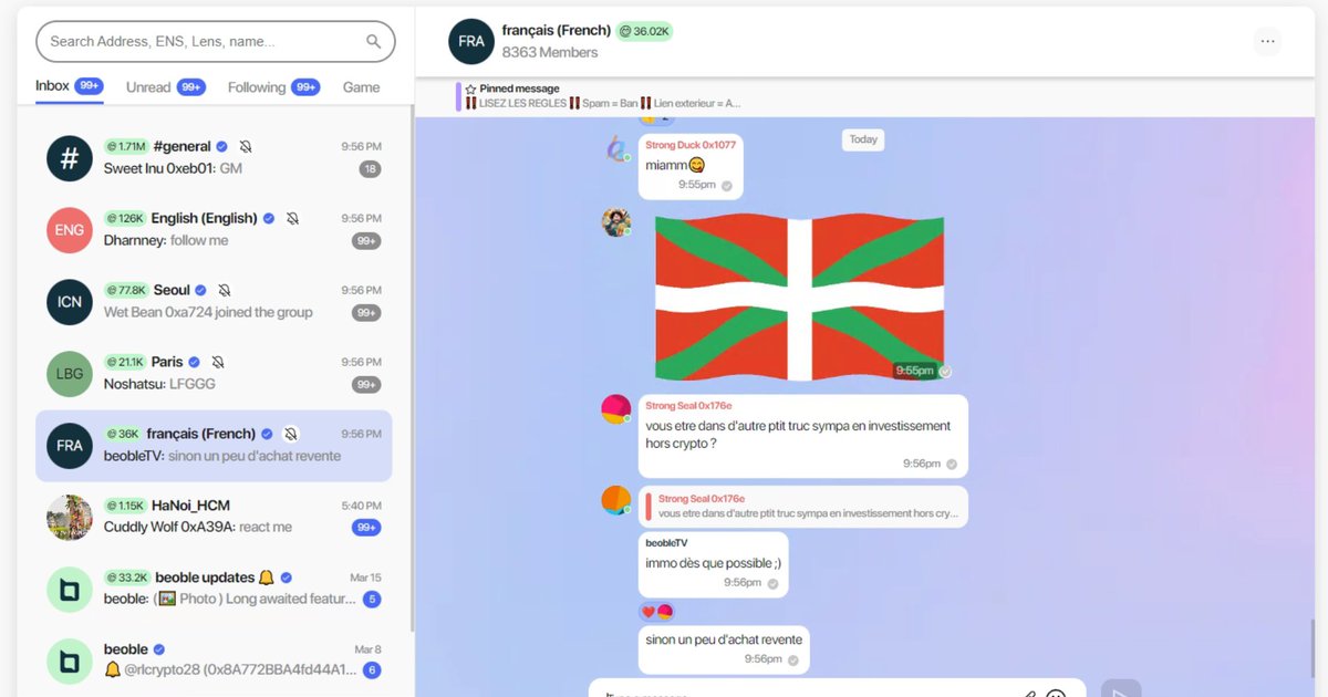 L'airdrop de Beoble, le système de conversation Web3 et son token $BBL va avoir lieu le 15 avril et par chance pour vous (et pour moi) le snapshot sera pris le 31 Mars 2024.

L'occasion d'aller faire quelques petites interactions avec la plateforme pour récupérer quelques tokens.