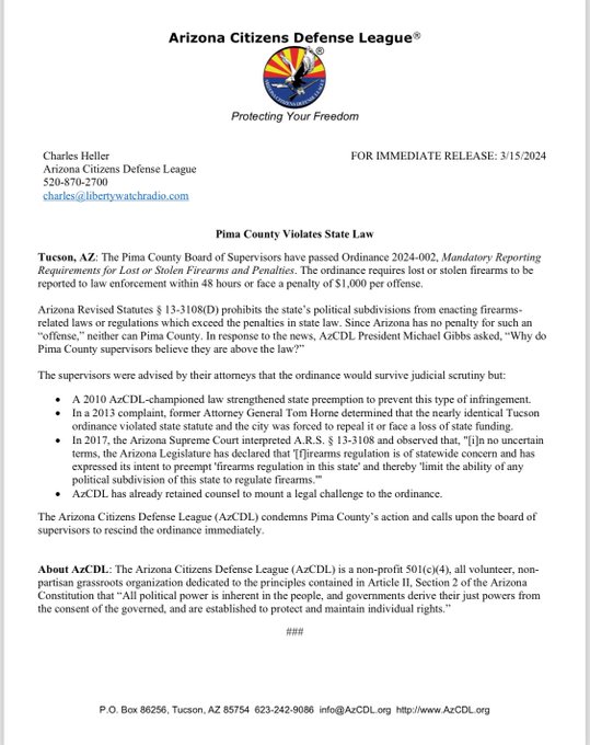 AZCDL_Freedom's tweet photo. Official AzCDL News Release
Pima County Violates State Law
The Arizona Citizens Defense League (AzCDL) condemns Pima County’s action and calls upon the board of supervisors to rescind the ordinance immediately.
#AZCDL #Freedom #2A #RKBA #AZLeg #PIma https://t.co/vq65dqvZgx