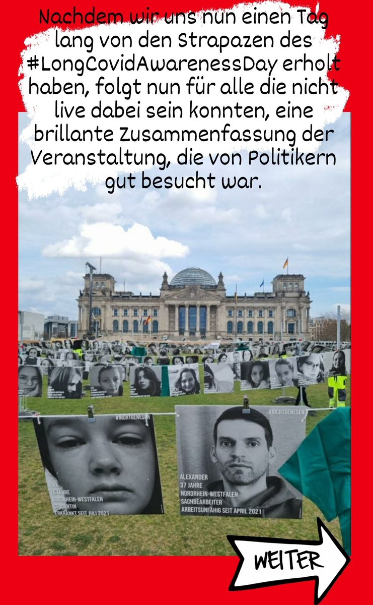 🧵1-8
Nachdem wir uns nun einen Tag lang von den Strapazen des #LongCovidAwarenessDay erholt haben, folgt nun für alle die nicht live dabei sein konnten, eine Zusammenfassung zu der von Politikern gut besuchten Veranstaltung. Alle weiteren Informationen, entnehmt ihr den Bildern.