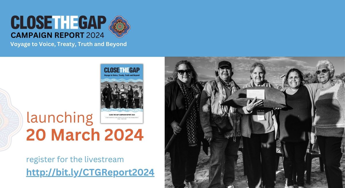 ClaystoneMob's tweet image. You are invited this week to our Close the Gap Campaign Alliance 2024 reports launch online live streamed from the Australian Parliament House.

Voyage to Voice, Treaty, Truth &amp;amp; Beyond.

Wed, 20 Mar 2024 10-11:30AM AEDT

REGISTER ➡️ bit.ly/CTGReport2024

#CloseTheGapDay2024
