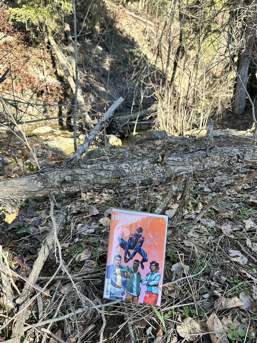 Comics by the Creek #OutDoorReading #Spiderman #Marvel #MarvelComics #NatureStories with Ultimate Spider-Man no.2 📚🔵🏞️