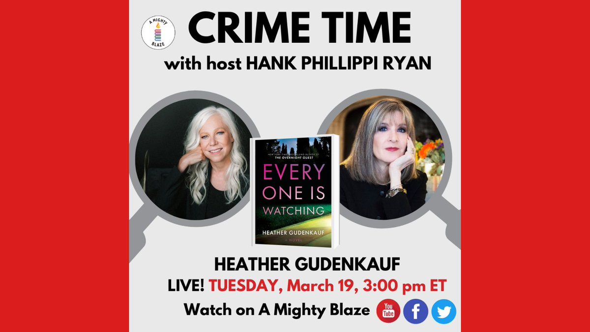 Crime Time host @HankPRyan welcomes @hgudenkauf for a discussion of her latest novel 'Everyone is Watching.' It 'is a unique, original, compelling, and absolutely binge-worthy read ... sure to be a hit,' says @HannahMMcKinnon ('The Revenge List'). 3 PM ET TUES