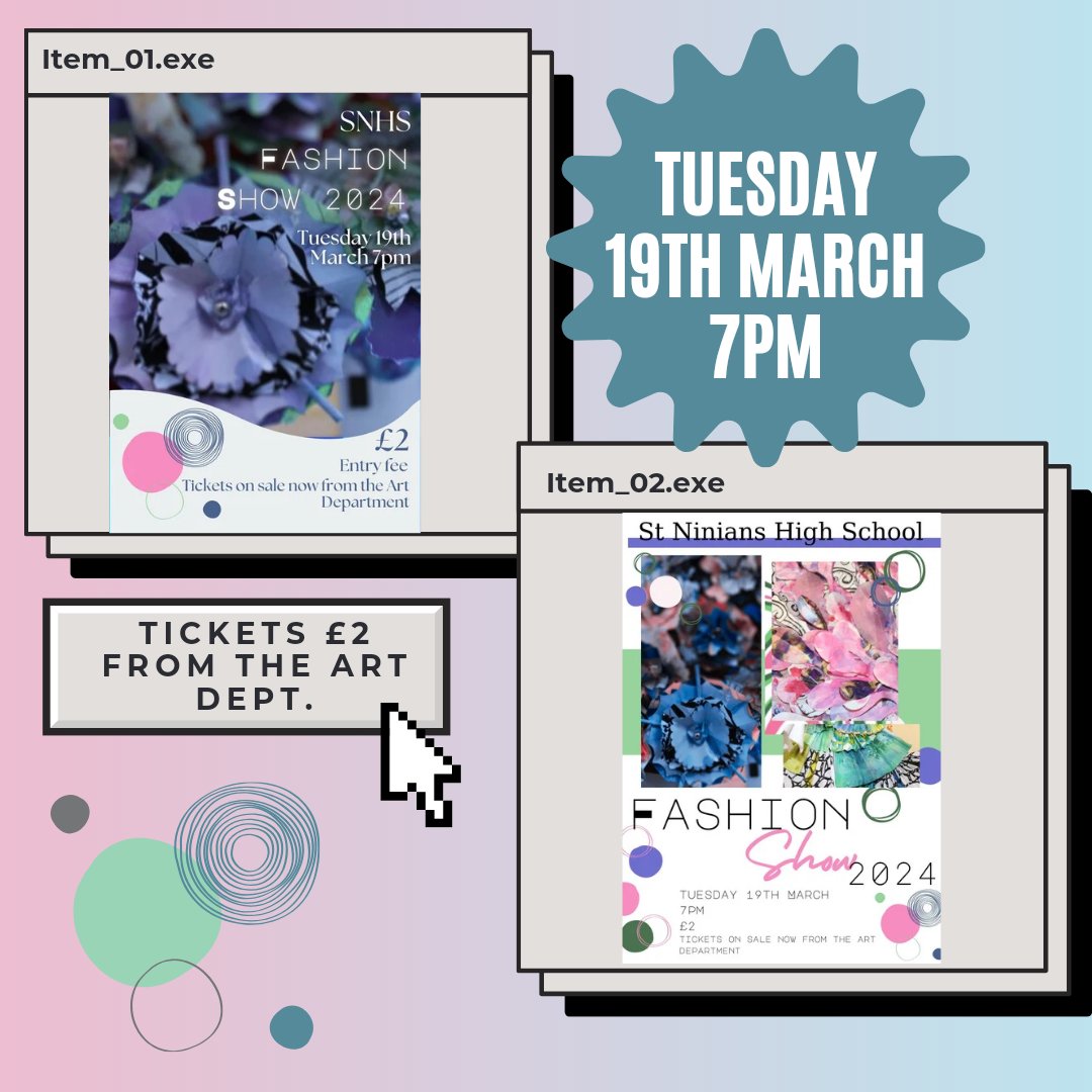 ‼️ It's nearly here!‼️ The Fashion Show is this Tuesday - a night of celebrating creativity from pupils across S1 - S6. Tickets available to buy for £2 from the Art dept and at the door on the night 🎨 @stninianshigh #celebrateachievement #creativity #youngartistsanddesigners