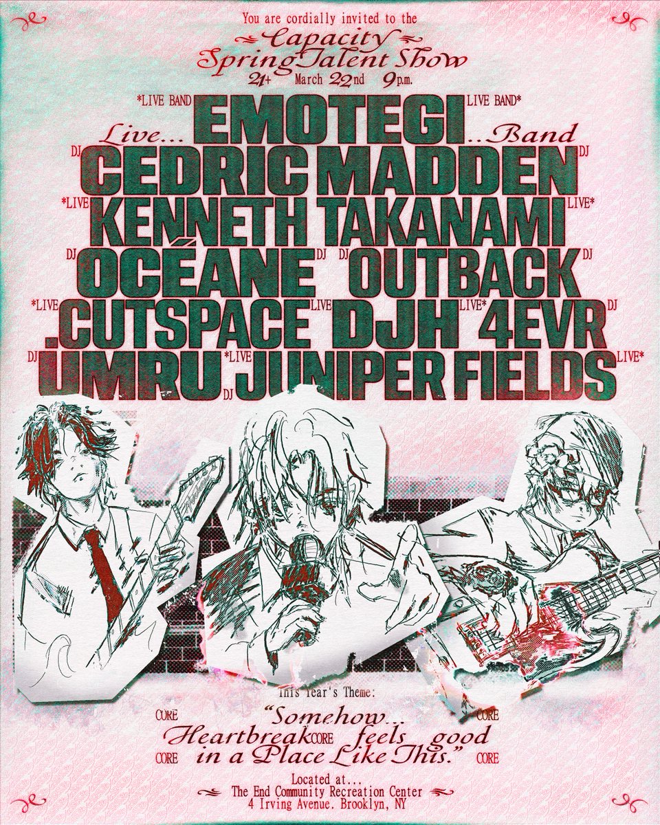 Lineup Update for Capacity & @emotegi_ Spring Talent Show ❦ Friday 3.22 at The End @emotegi_ (Live Band) @juniperfields (Live) @kennethtakanami (Live) @AsemicsResearch (Live) @djh___ (Live) @cedric__madden @oceane2u @analogblckmagic @4evr & me Tickets on @dicefm ↓