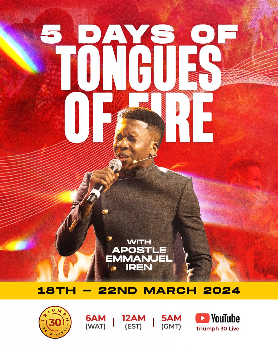 t30devotion's tweet photo. When we declare that the fire on our altar will never burn out, it's because we prevail in the place of prayer!

Triumphers! It's 5 days of Tongues of fire🔥🔥

Join us every day at 6am (WAT) on our YouTube channel at Triump30 Live from 18th-22nd March 2024

Invite someone😉 https://t.co/ywZ2a4OUMX