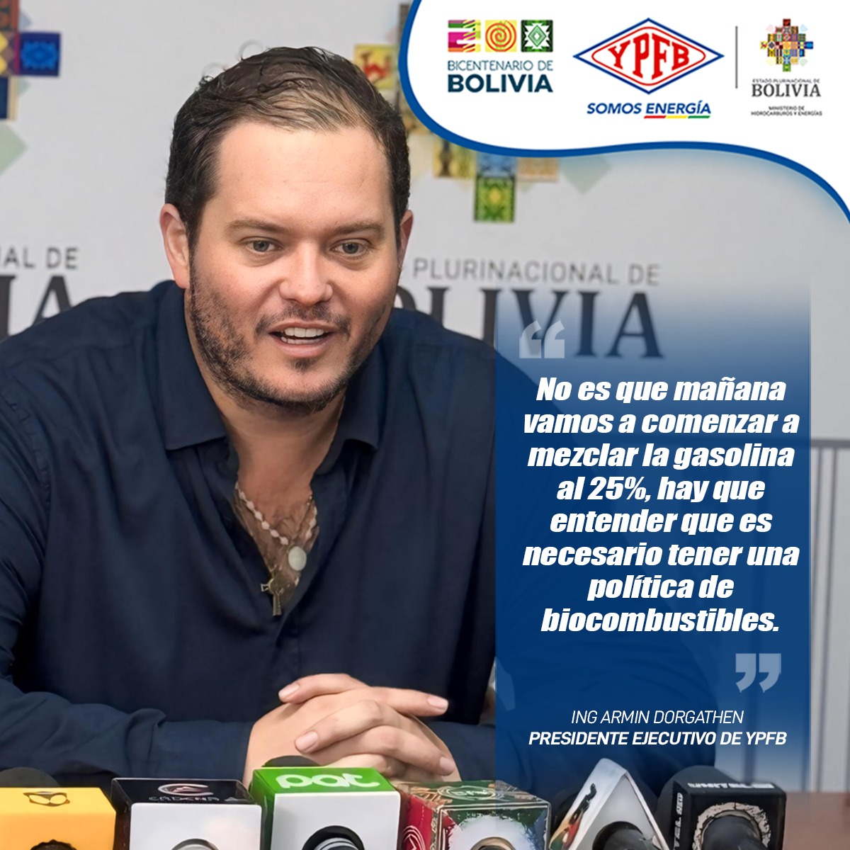 YPFB_corp's tweet photo. El presidente de YPFB, Armin Dorgathen, habla sobre las mezclas de alcohol anhidro con gasolina y los estudios técnicos respecto a este tema.

#YPFB 
#SomosEnergía https://t.co/cB4bgWswgh