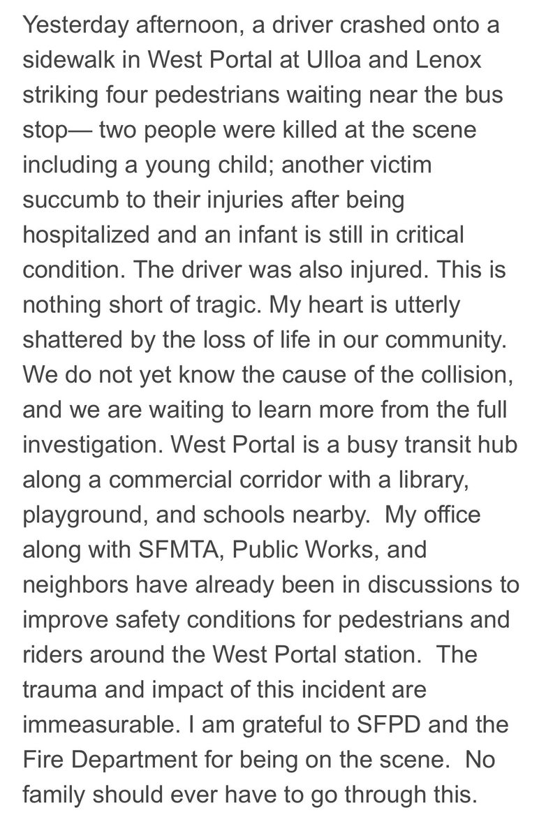 Update: 3rd person died in West Portal crash, according to S.F. Sup Melgar. Statement below. The infant still in critical condition. Police still working on why & can’t confirm witnesses saying it was due to driver medical condition. Full @KPIXtv report: cbsnews.com/sanfrancisco/v…