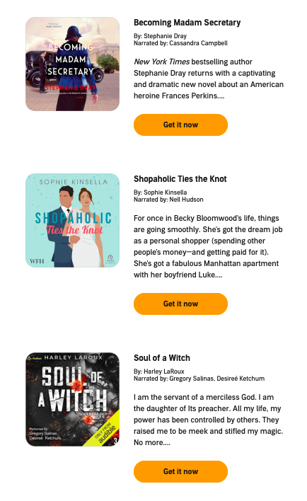 batsyblog's tweet photo. Hey @Audible_AU - first screenshot is my library, second screenshot is the new books you say I'll "love". Tell me: would your algorithm show these books to a male subscriber? No shade on the books, but I don't see how you join those dots without hamfisted gender profiling. https://t.co/fNKcwHJOxv