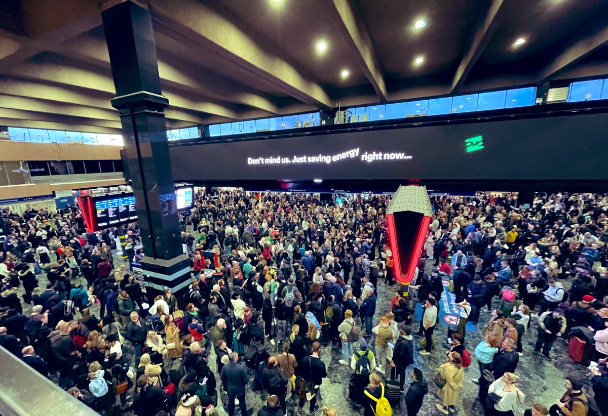 As travellers waited for delayed trains - the caption on the board above said: “Don’t mind us, just saving energy right now” - that’s one way to describe today’s power cut on the #Euston line….