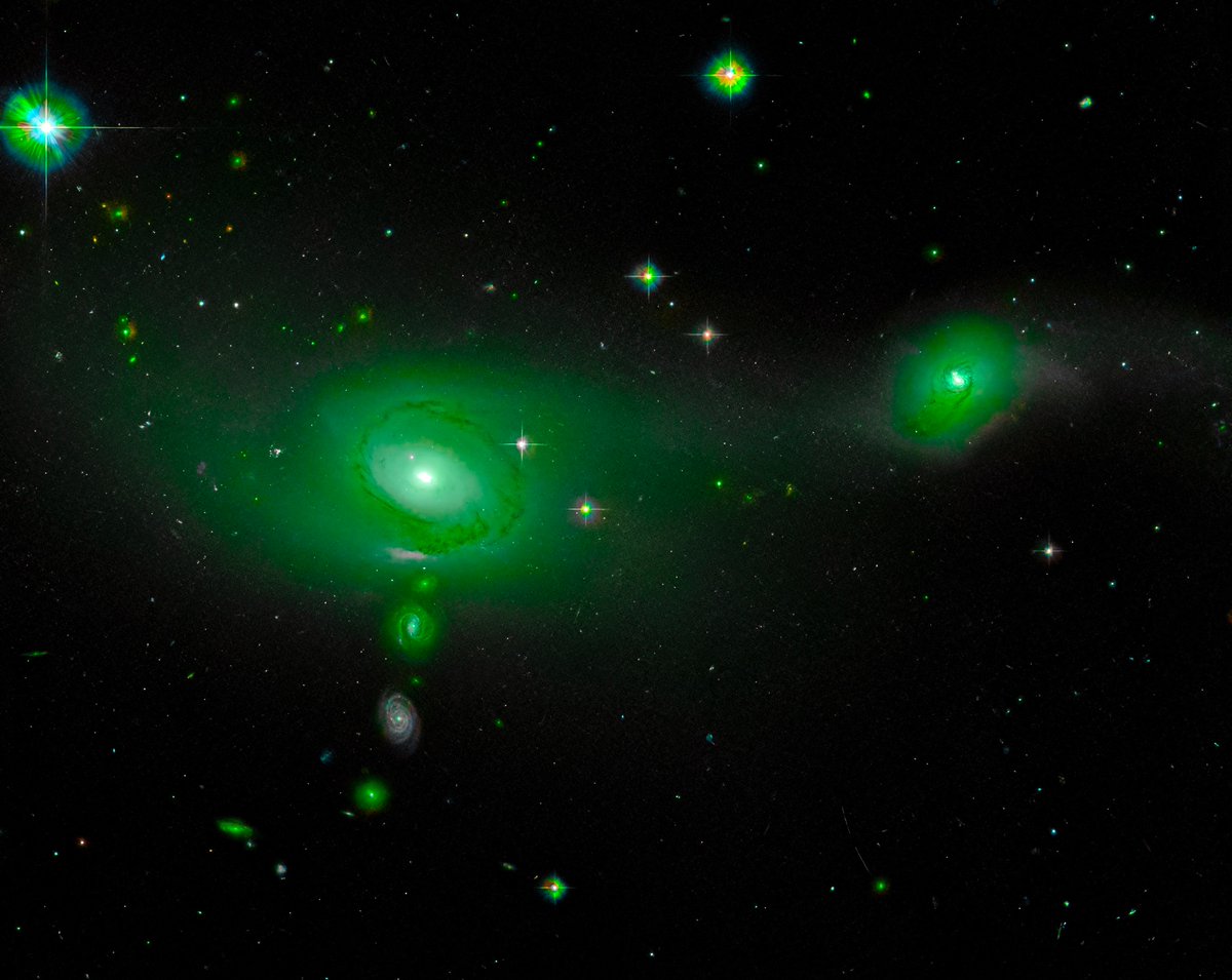 A colorized view of a chain of galaxies for St. Patrick’s Day! These galaxies are perfectly lined-up together! 💚 Credit: ESA, Hubble, NASA, J. Dalcanton, Dark Energy Survey, DOE, FNAL, NOIRLab, NSF, AURA, L. Shatz & Cora A. Harris. #astronomy #StPatricksDay #StPaddysDay