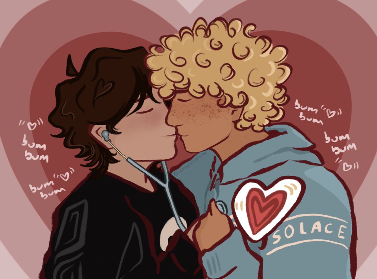 solangelo doodle inspired by that comment i saw recently about someone who’s partner in the medical field made them listen to their heartbeat through a stethoscope while they kissed (it’s them) 

#solangelo #pjo #fanart #nicodiangelo #willsolace