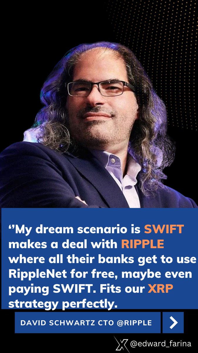 David Schwartz comments on $XRP and #SWIFT: 
 
''My dream scenario is #SWIFT makes a deal with #Ripple where all their banks get to use #RippleNet for free, maybe even paying #SWIFT. Fits our  $XRP strategy perfectly''.
