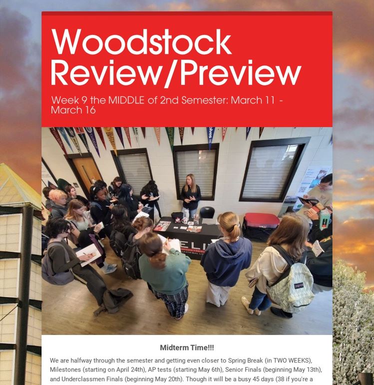 Can you believe the 2nd Semester is HALFWAY DONE?!? Check out the Woodstock Review/Preview from Week 9, MIDTERM of S2 (3/11- 3/16)! You can also look at what’s ahead for Week 10 (3/18 - 3/23) and beyond. Click here to keep up on all things WHS: smore.com/n/4ucre #1Woodstock