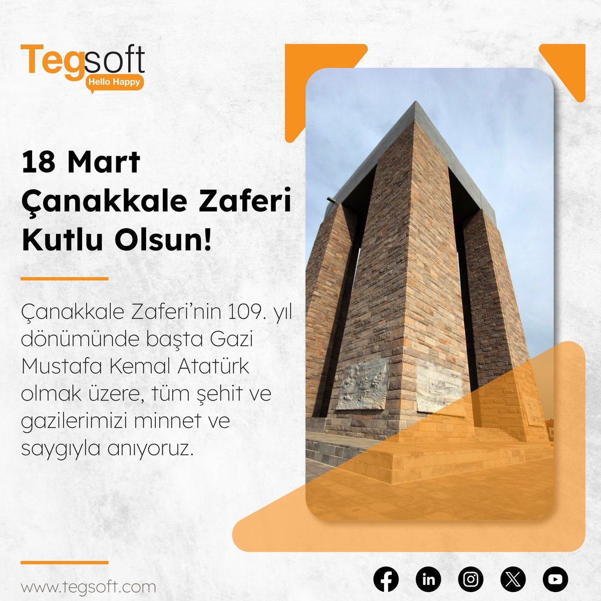Çanakkale Zaferi’nin 109. yıl dönümünde başta Gazi Mustafa Kemal Atatürk olmak üzere, tüm şehit ve gazilerimizi minnet ve saygıyla anıyoruz.

#18martcanakkalezaferi #ÇanakkaleGeçilmez #18Mart #tegsoft
#respect