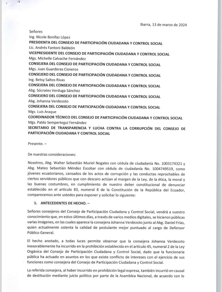 SaltosYadiraEc's tweet photo. #DENUNCIAURGENTE 
He sido informada sobre denuncia presentada el 13 de marzo 2024 , que señala un hecho que compromete la imparcialidad del proceso del Concurso de Defensoría Pública: una reunión privada entre la consejera @VerdezotoJoha y un postulante. Hechos que hoy son públicos.
La falta de transparencia pone en riesgo la integridad del proceso. Es crucial proporcionar explicaciones y abordar  esta denuncia que podrían comprometer las acciones del pleno del CPCCS .

#ECUADOR