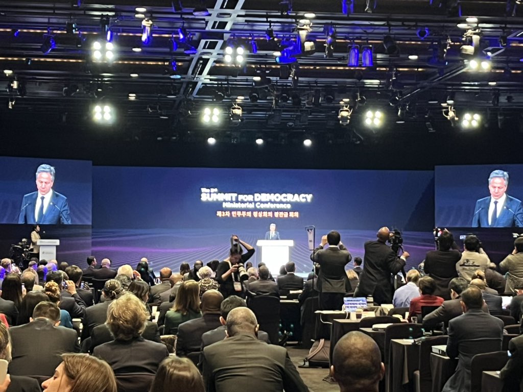 Rebecca_Aaberg's tweet photo. “We must support governments and capacity building that narrows the digital divide.” @SecBlinken speaks at the Summit for Democracy in Seoul on AI and democracy @IFES1987 https://t.co/MNs7QA6mlr