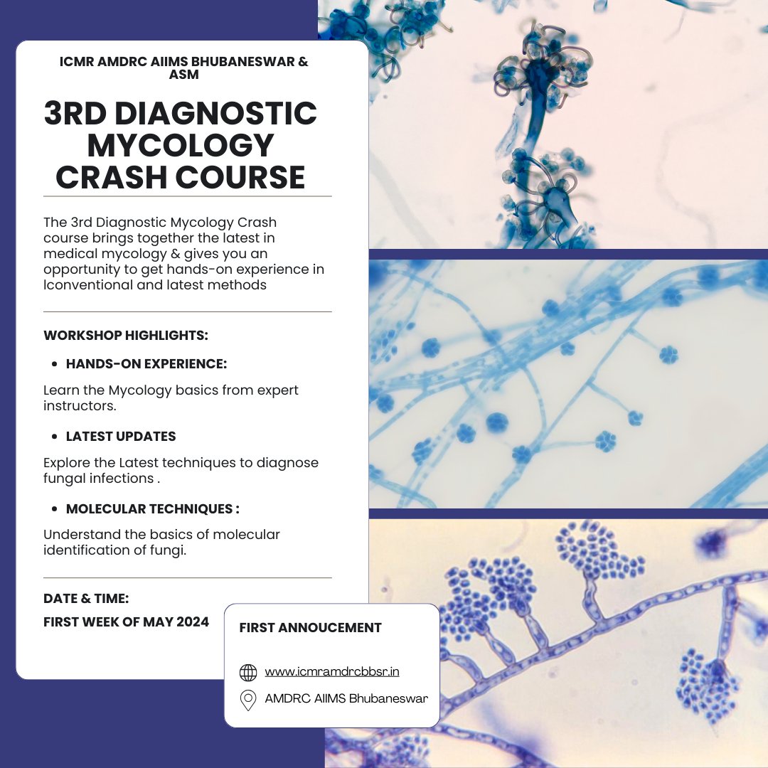 First announcement: 3rd Diagnostic Mycology Crash Course dates will be announced soon! @AIIMSBBSMycolab @mrshivaprakash @mrshivaprakash @mycoasia @ISHAM_Mycology @NandiniSethura1