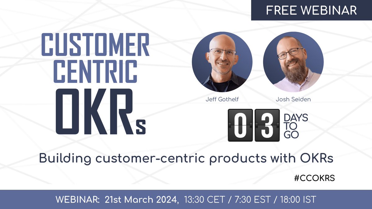 3 days to go! In this free #webinar @jboogie & @jseiden will discuss the essential themes from their new book 'Who Does What by How Much?' highlighting the benefits of #CustomerCentric #OKRs. Register: confengine.com/conferences/cu… #ccokrs #GoalSetting #SoftwareDevelopment