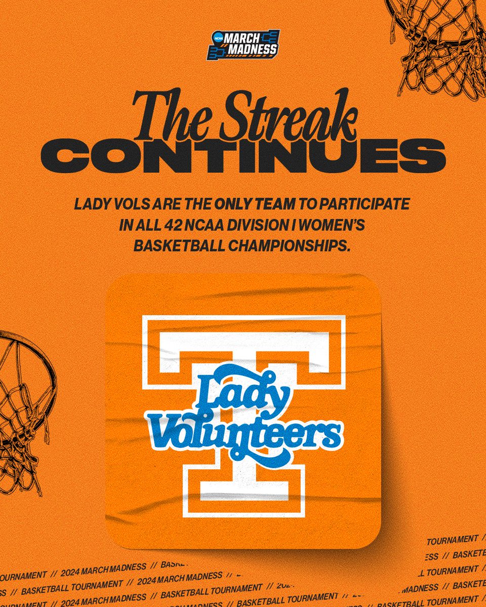 The streak continues! 🔥 @LadyVol_Hoops is the only school to participate in all 42 NCAA DI Women’s Basketball Championships since its beginning in 1982. #MarchMadness