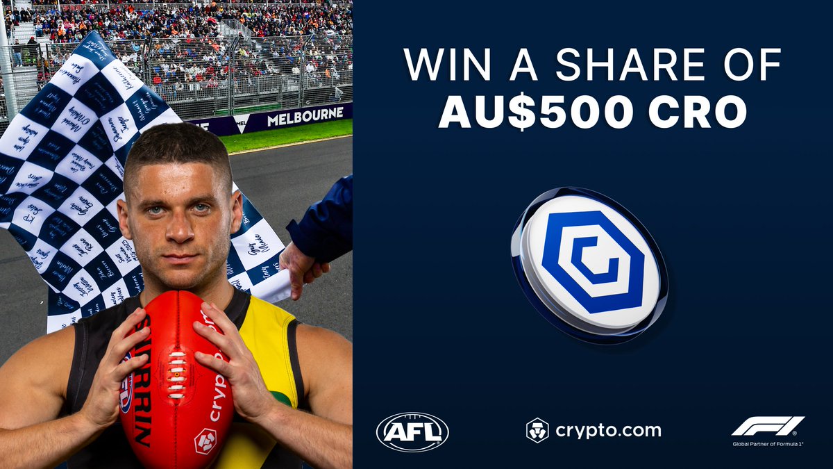 cryptocom_AU's tweet photo. Win $CRO with our 🏉 @AFL &amp; @F1 🏎️ giveaway!

✅ Follow @Cryptocom_AU
🔁 Like and retweet this post

👇 Correctly guess the following: 
1️⃣ Winner of the #AUSGP
2️⃣ Winner &amp; margin @Richmond_FC vs @PAFC

*Exclusive to AU residents only*

Full details 👇
https://t.co/pzkXn62llu https://t.co/PhVFBhdPA6