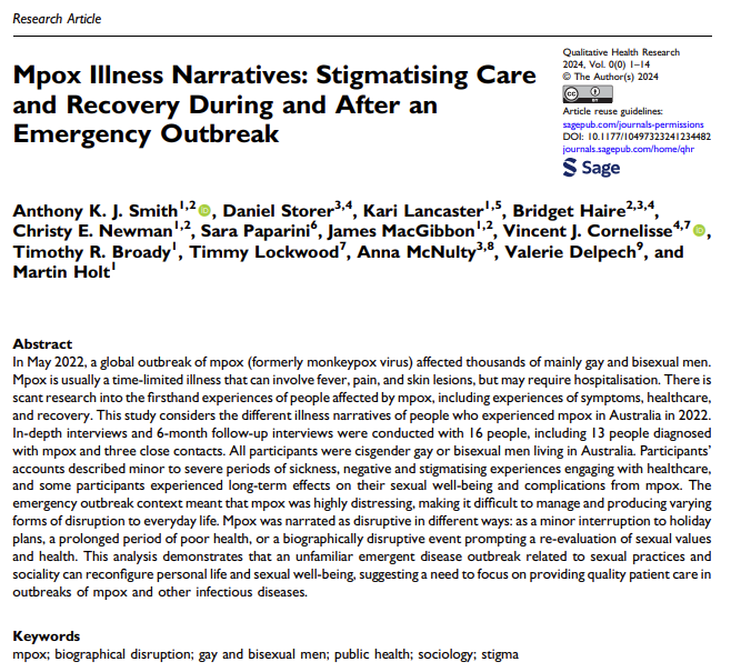 New #OpenAccess article exploring illness narratives of mpox. People affected in Australia shared troubling accounts of care and stigma, difficulties managing the acute illness, long-lasting symptoms, and a range of other social disruptions. journals.sagepub.com/doi/full/10.11…
