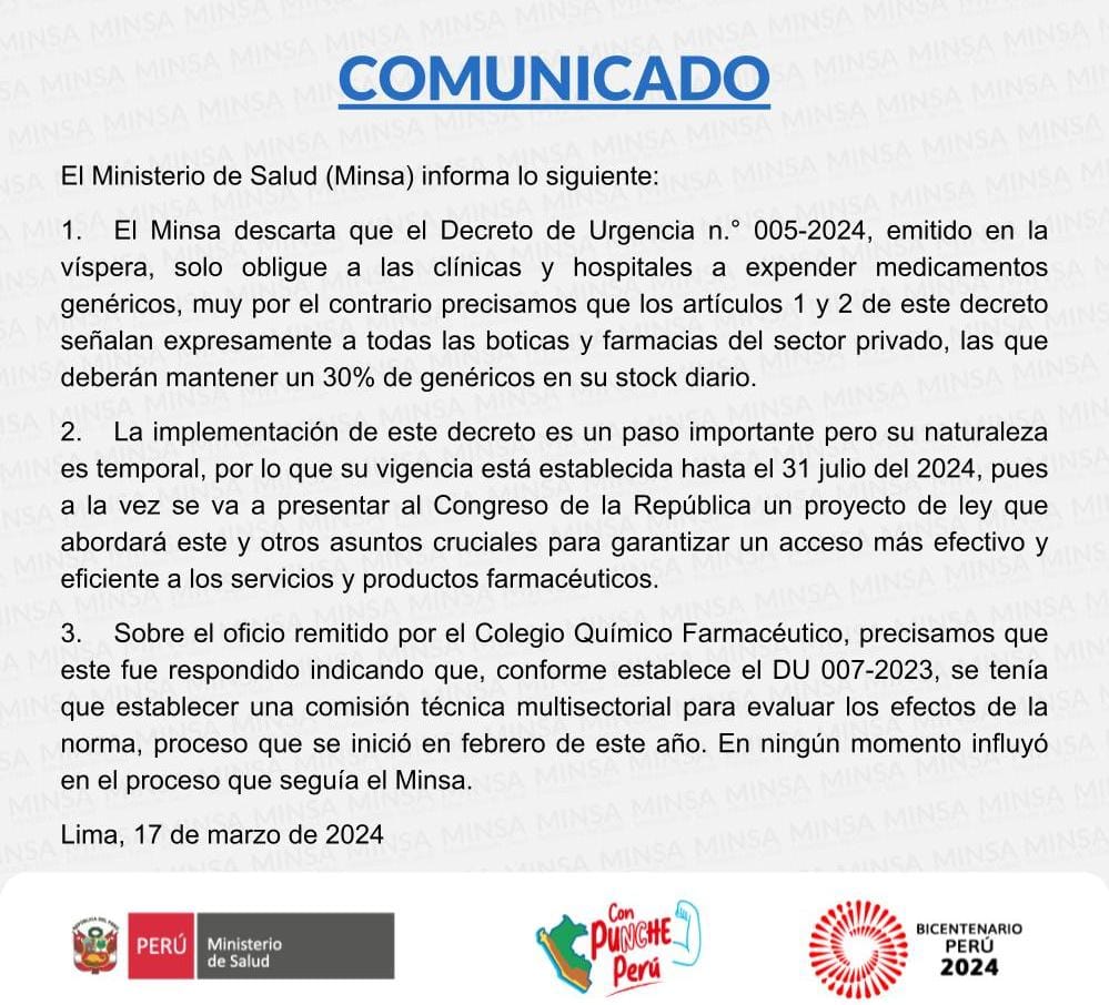 🔴 COMUNICADO | El Ministerio de Salud informa lo siguiente: